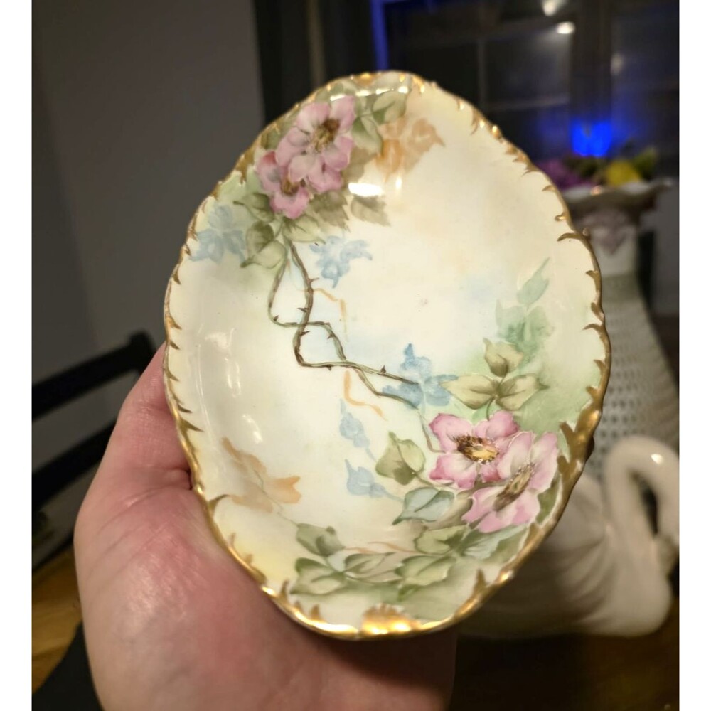 Elite Oval Porcelain Floral Dish White Pink Green Gold Trim France
